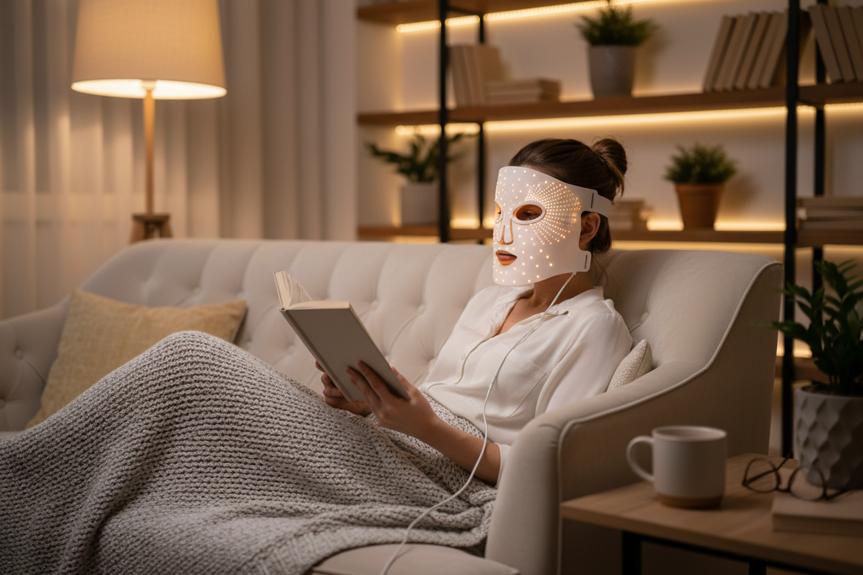 Femme avec masque LED sur canapé