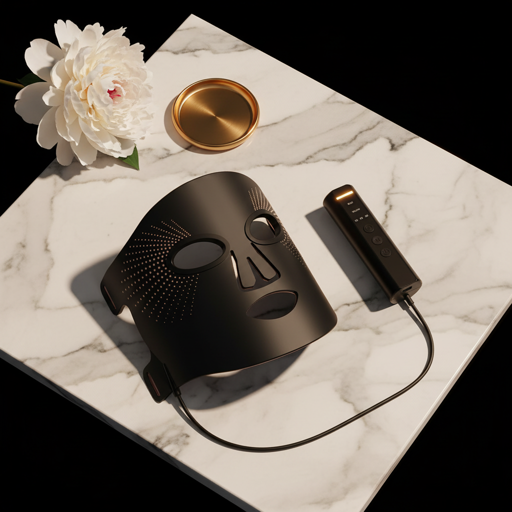 LUXÉRA LED Therapy Mask – Kit complet masque + télécommande sur marbre
