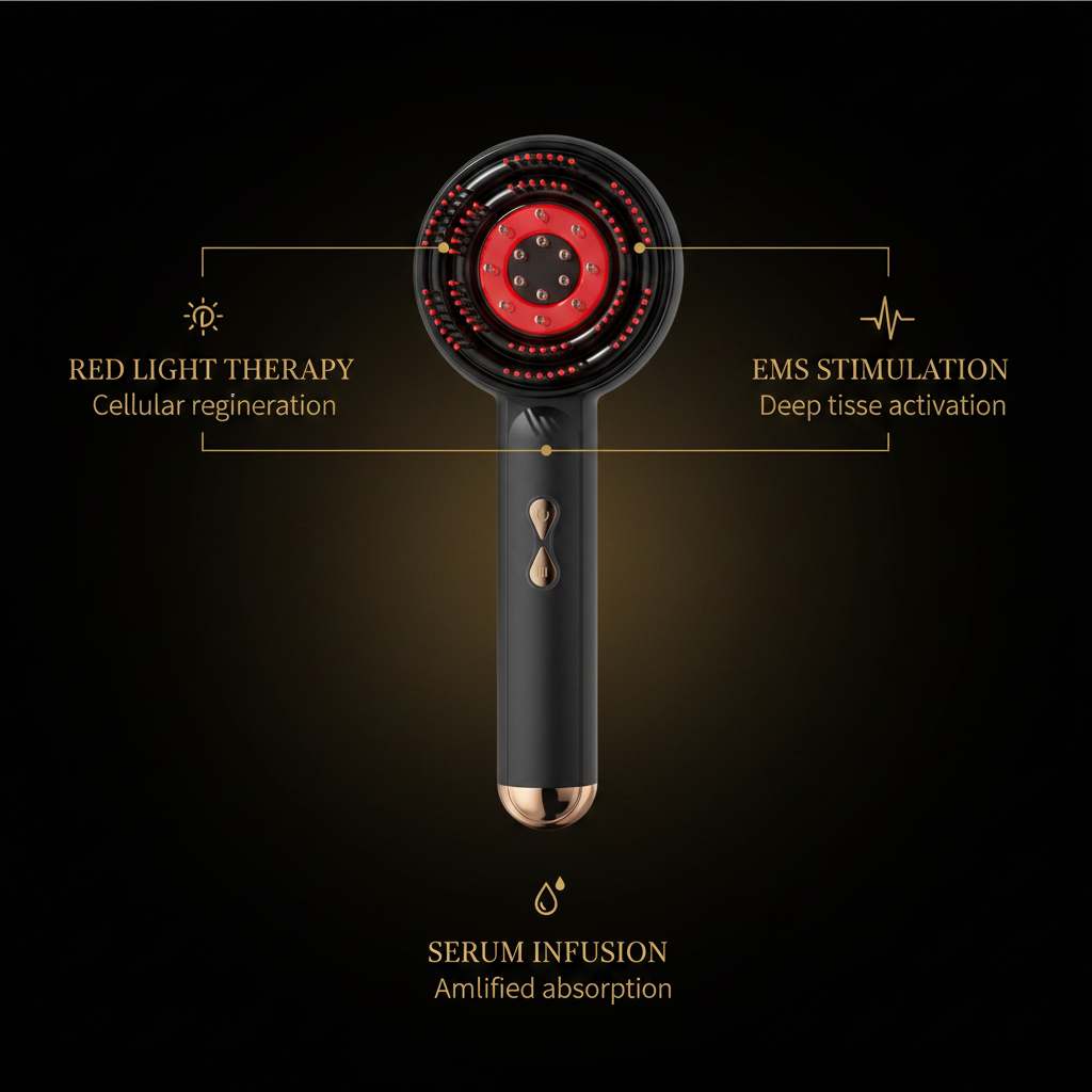LUXÉRA™ Scalp Glow Brush – Infographie 3 modes Red Light, EMS, Serum Infusion