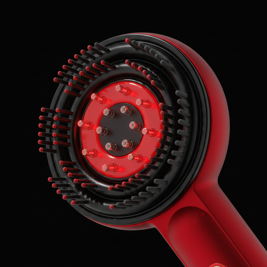 LUXÉRA™ Scalp Glow Brush – Gros plan tête brosse LEDs rouges actives
