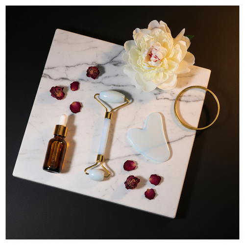 LUXÉRA™ Roller & Gua Sha – Flat lay studio marbre Calacatta