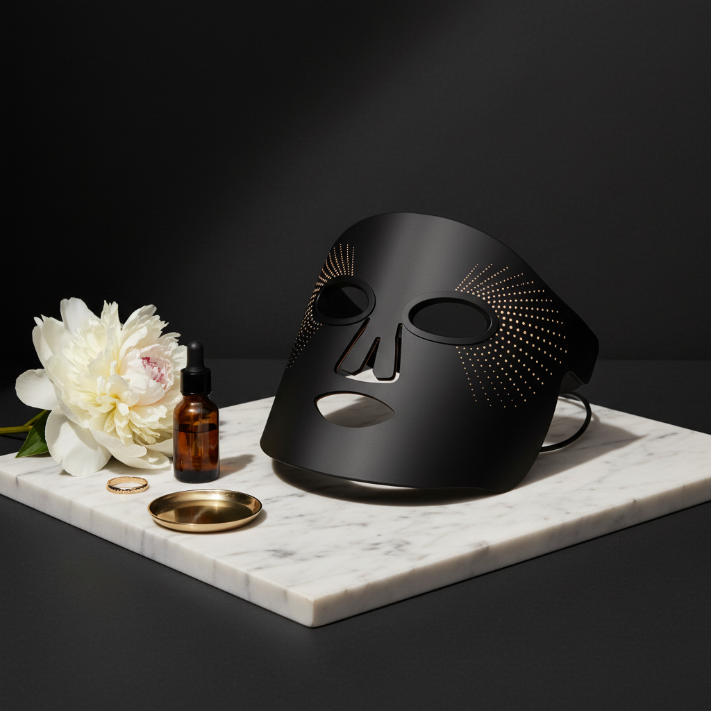 LUXÉRA LED Therapy Mask – Studio flat lay on Calacatta marble
