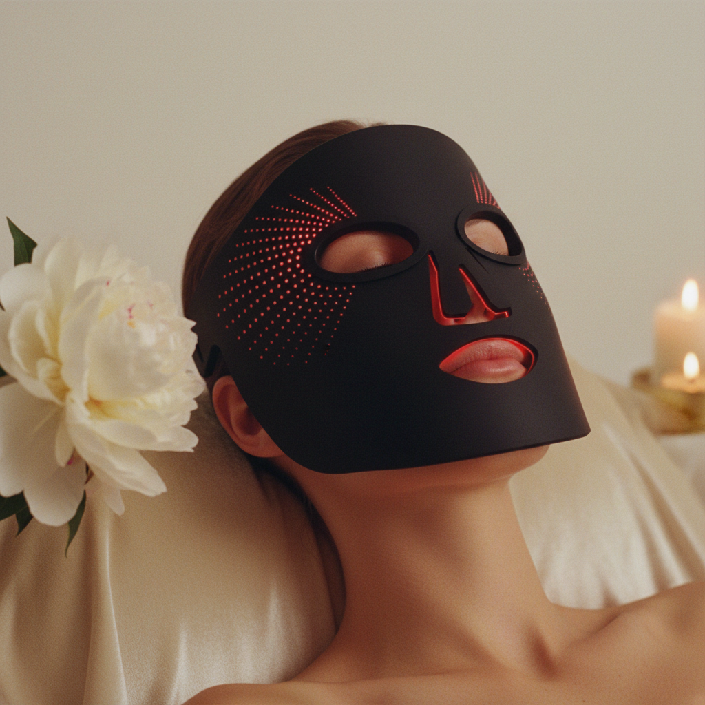 LUXÉRA LED Therapy Mask – Femme allongée, LEDs rouges actives